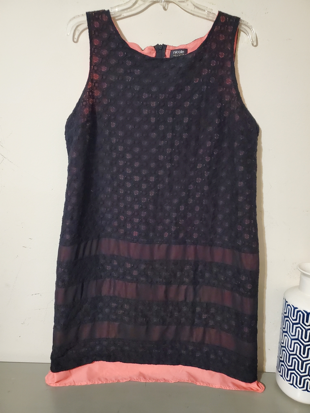 Y2k Nicole Miller Black Lace Overlay Shift Dress with Coral Lining